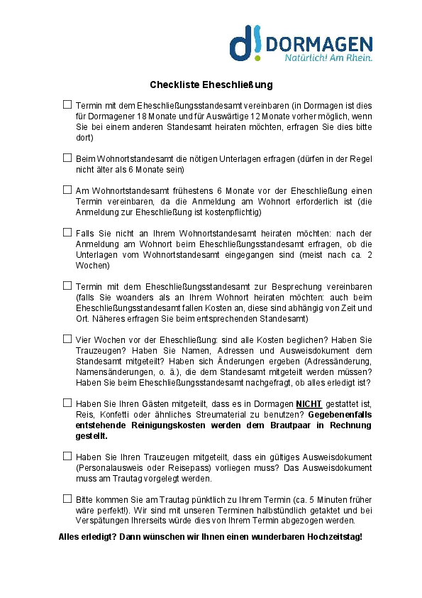 Checkliste Eheschließungen